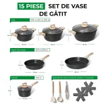 Set de gătit din aluminiu turnat aspect de granit negru și mânere cu textură de lemn, Just Perfecto JL-27, 15 piese