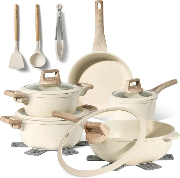 Set oale de gătit bej cu aspect de granit și mânere din bakelită Just Perfecto JL-888, 14 piese - Casa si Bucatarie
