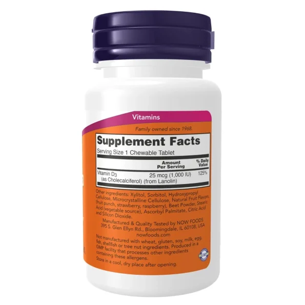 Vitamina D-3 1000 IU mestecabilă colecalciferol, NOW Foods, 180 tablete