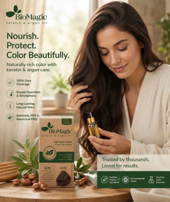 Vopsea de par fara amoniac Biomagic 6.72 blond inchis, cu keratina si ulei de argan